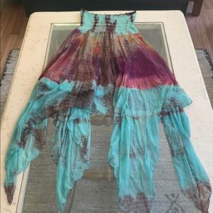 EARTHBOUND Trading Co. Teal, Purple & Brown Tie Dye Strapless Maxi Dress S